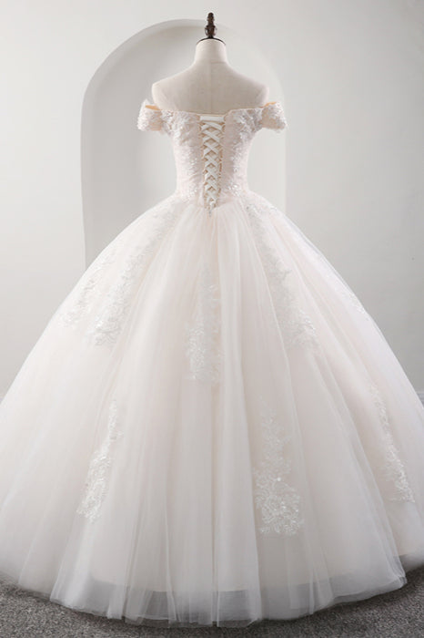 Gorgeous Off-Shoulder Pink A-line Wedding Dress, Tulle Ruffles & Appliques