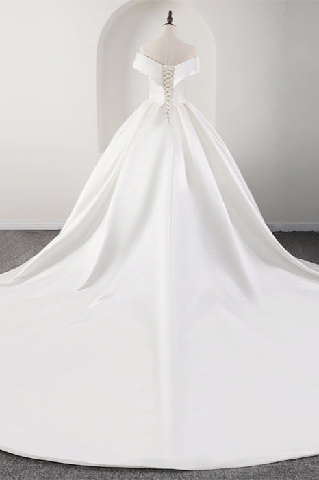 Glamorous White Satin Ruffles Wedding Dress, Off-Shoulder A-line Style