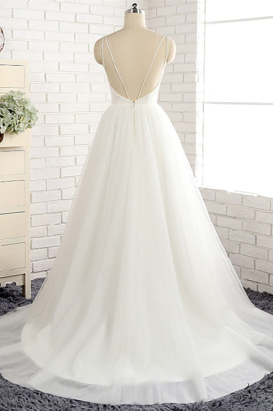 Affordable Spaghetti Straps White A-line Wedding Dress, Tulle Ruffles