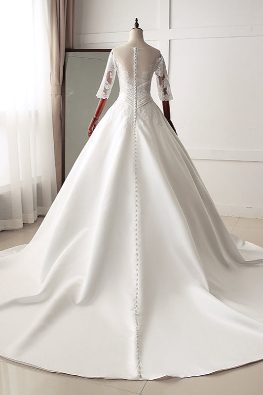 Stunning Jewel Satin Tulle Wedding Dress with Half Sleeves Appliques