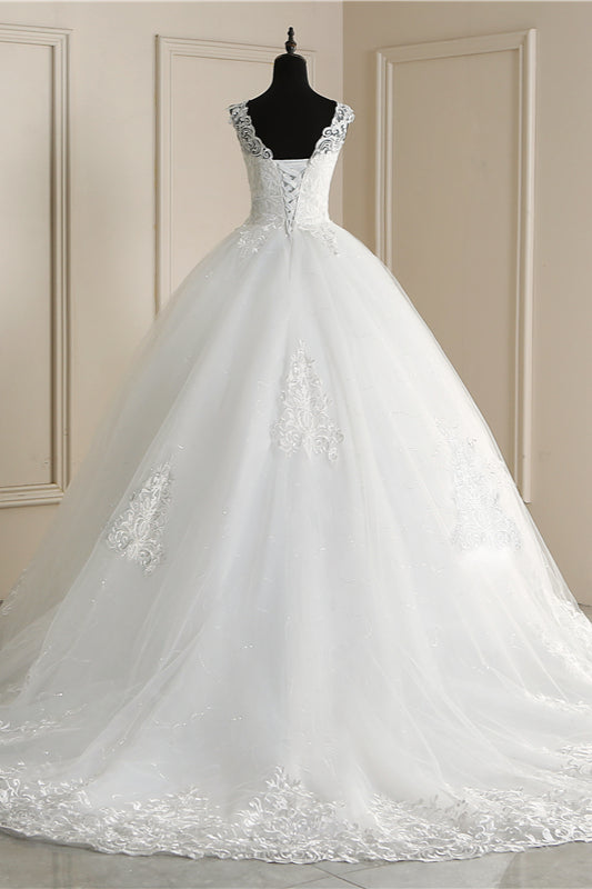 Elegant V-Neck White Tulle Wedding Gown with Sleeveless Appliques