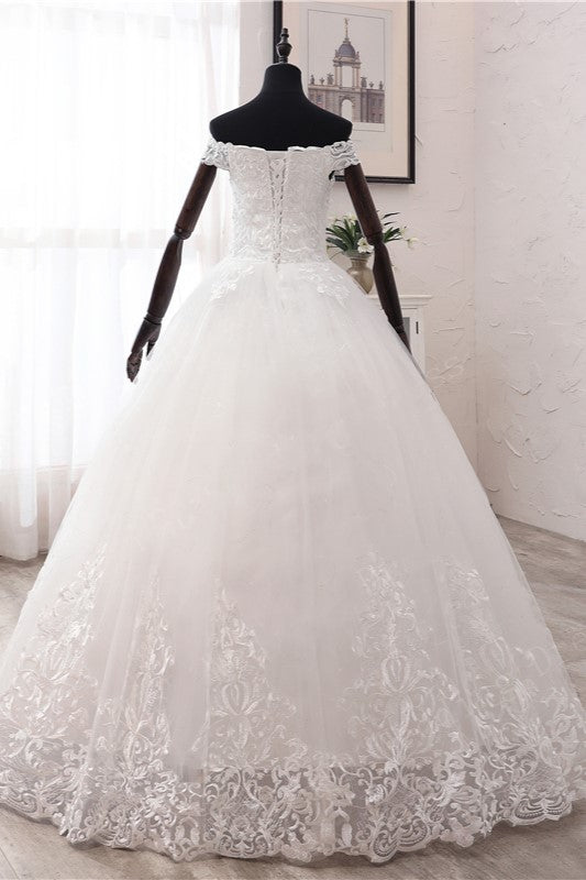 Ball Gown Off-Shoulder Lace Applique Wedding Dress, Tulle & White