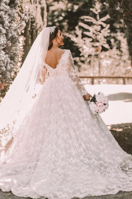 Ball Gown Long Sleeves Lace Round Neck Tulle Wedding Dress On Sale