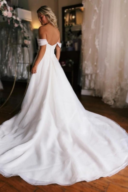 Charming A-Line White Off-Shoulder High Split Wedding Dress Sale