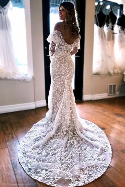 Mermaid Lace Long Sleeves Elegant Wedding Dress, Perfect Fit