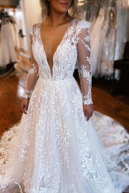 Amazing Long A-Line Long Sleeve Floor-Length V-Neck Tulle Dress with Appliques