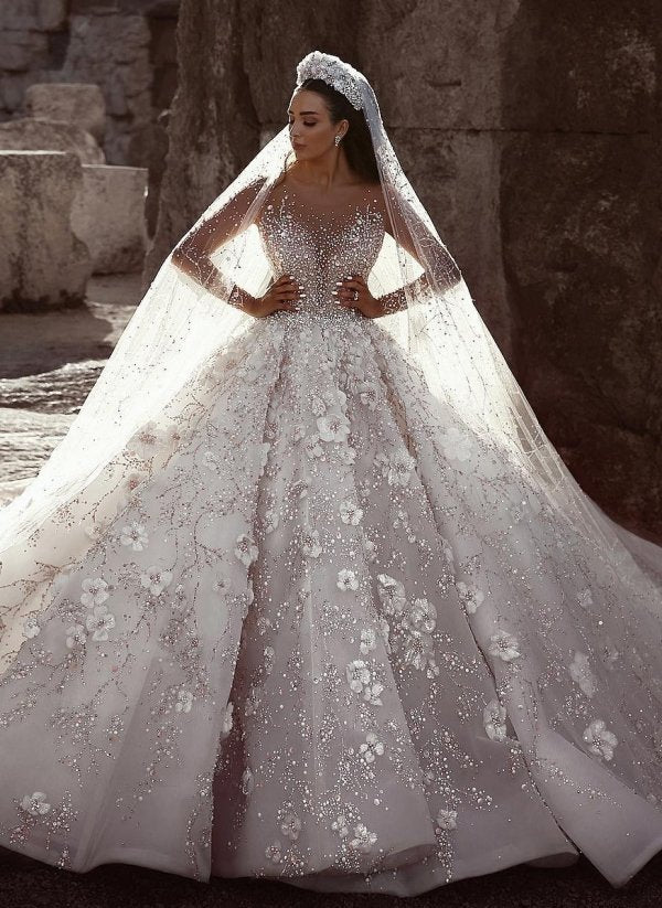 Luxurious Beading Floral Bridal Gown with Sheer Neck and Long Sleeves