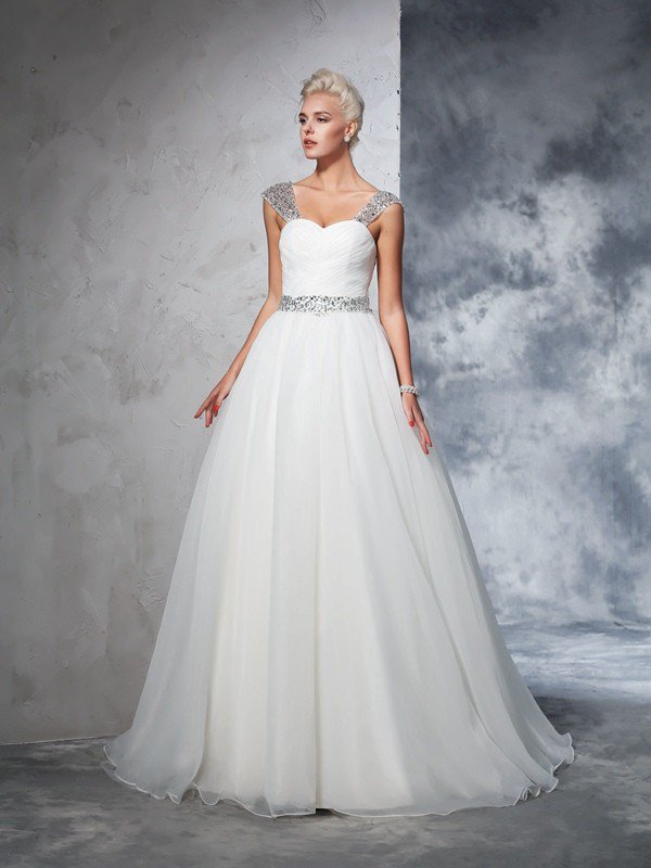 Long Tulle Ball Gown Wedding Dress with Straps and Ruched Detail