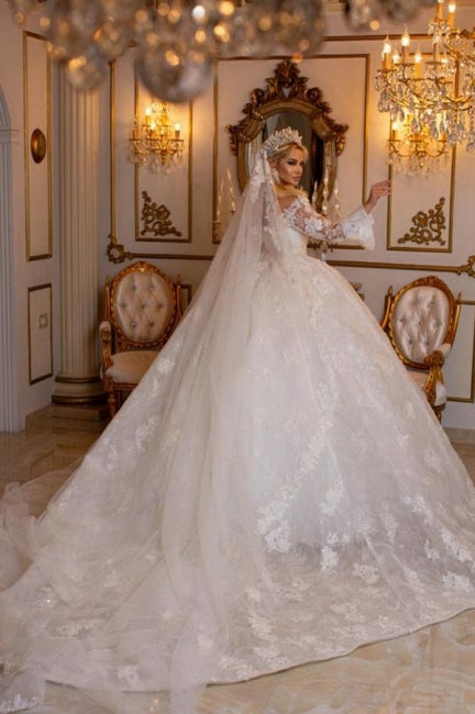 Ballbella Beautiful Sweetheart Ball Gown Lace Bridal Dress with Long Sleeves