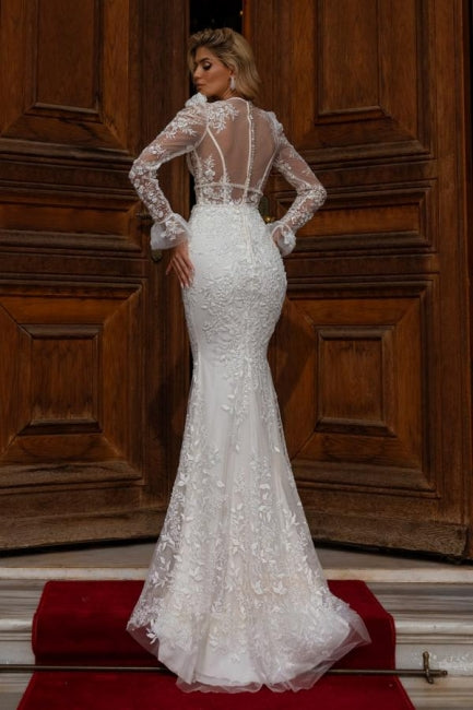 Ballbella Sparkly V-neck Lace Wedding Gown with Long Mermaid Sleeves