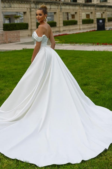 Ballbella Designer Satin Sleeveless Wedding Dress with Slit and Sequins