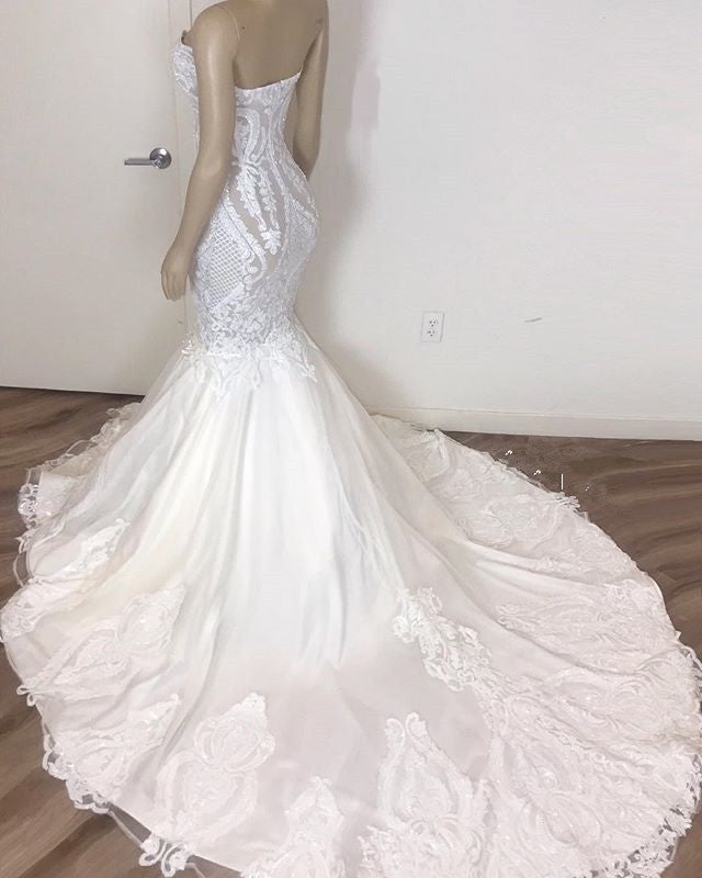 Classic Sleeveless Sweetheart Lace Appliques Mermaid Bridal Wedding Dress