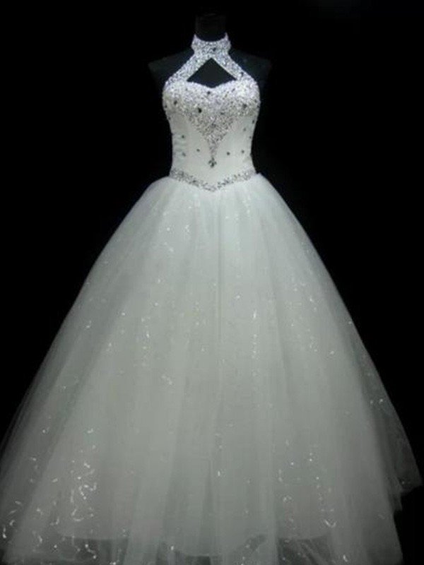 Sequin Ball Gown Floor-Length Wedding Dress with Beading and Halter Style