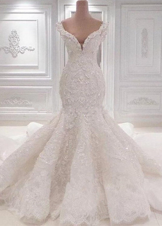 Luxurious Off-Shoulder Mermaid Wedding Dress, New Lace Appliques