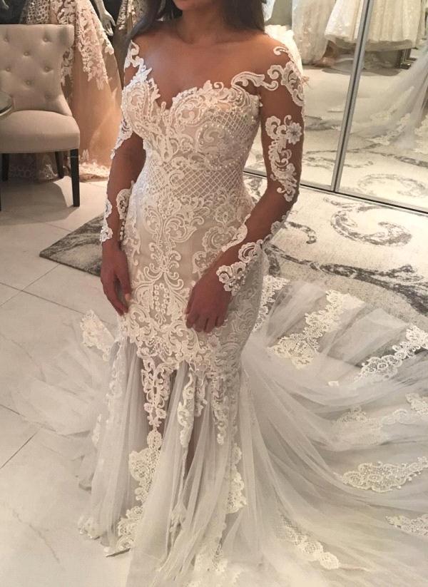 Mermaid Lace Appliques Tulle Dress, Long Sleeves, Bride Dress with Train