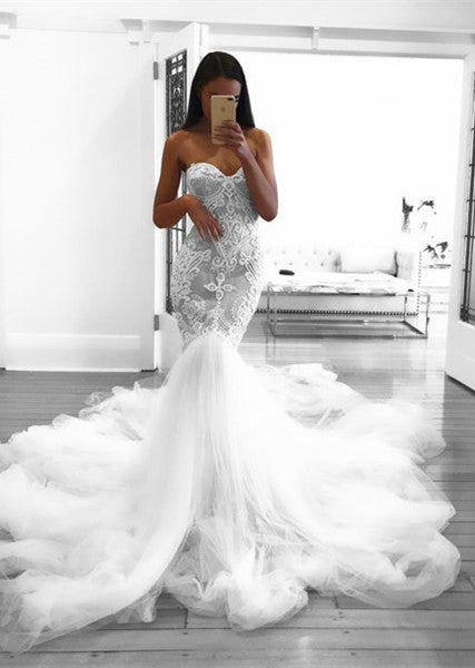 Romantic Sweetheart Lace Dress, White Sheer Mermaid Bridal Gown