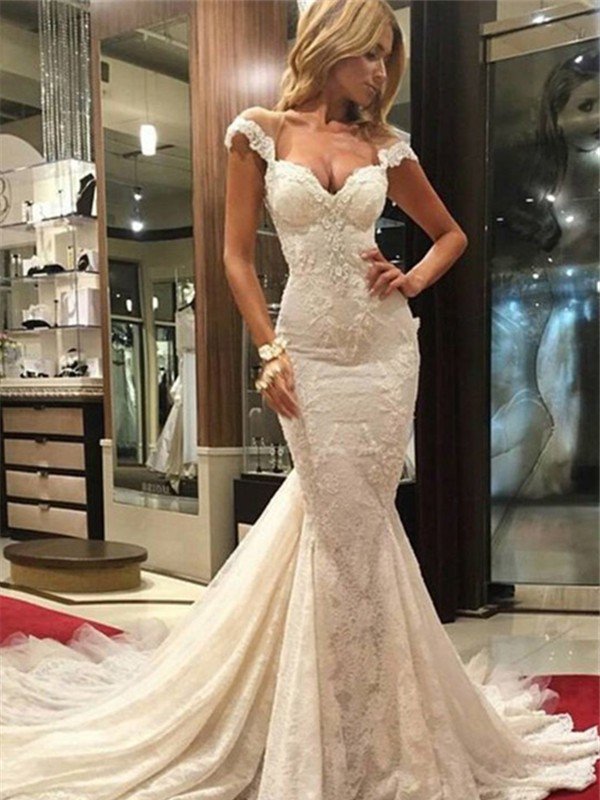 Lace Sleeveless Sweep Train Mermaid Dress, V-neck Wedding Gown