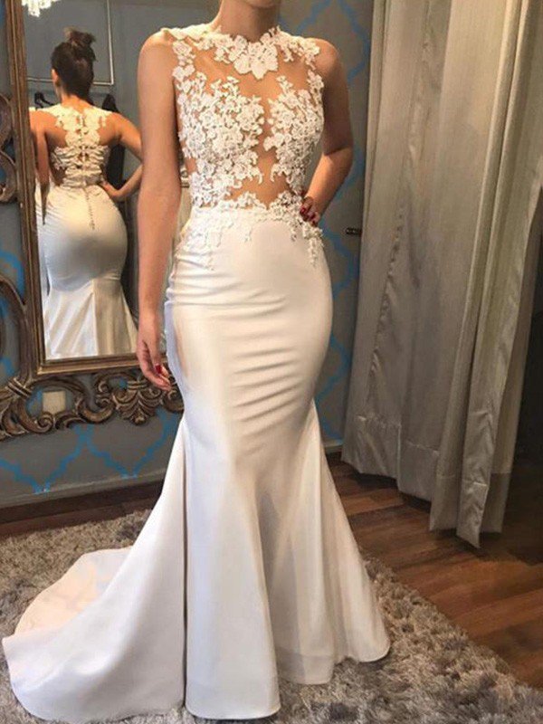 Satin Mermaid Scoop Wedding Dress, Sleeveless Applique with Train