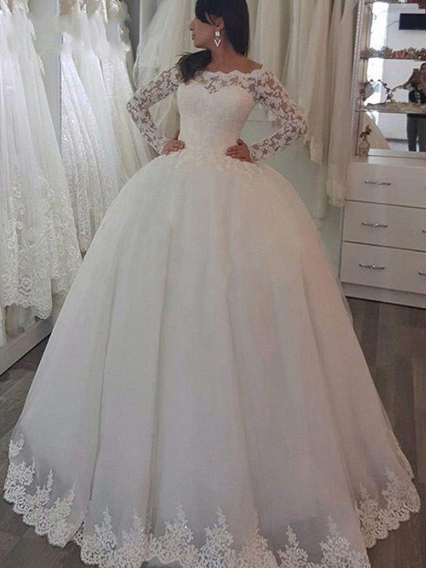 Sweep Train Applique Ball Gown, Off-Shoulder Long Sleeves