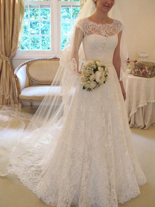 Court Train Applique A-Line Wedding Dress, Short Sleeves with Ribbon