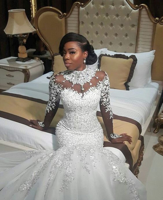 Amazing Beaded Lace Appliques High-Neck Mermaid Wedding Gown