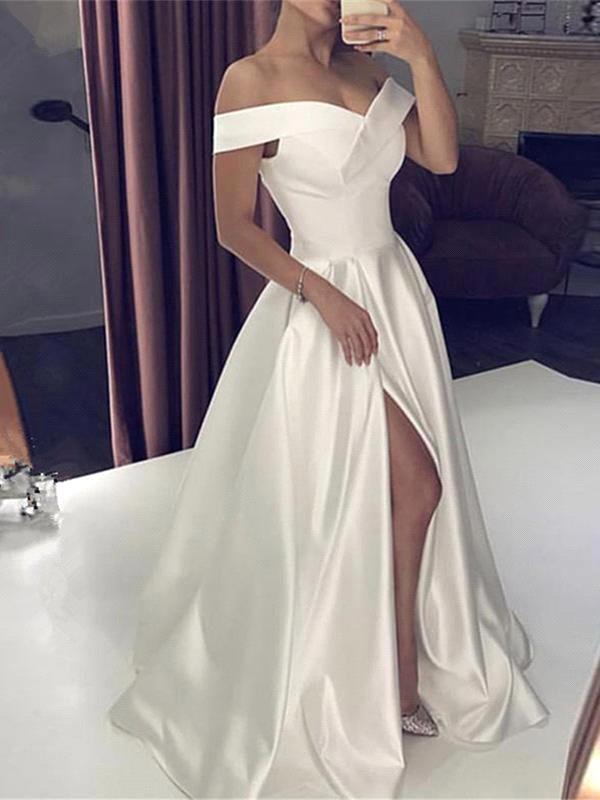 White Silky Off-Shoulder Gown, High-Split Princess Wedding Dress