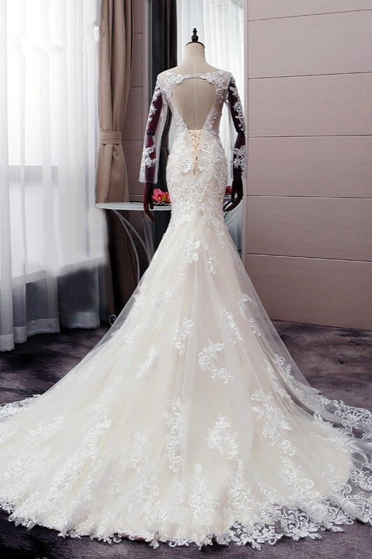 Autumn Long-Sleeved Mermaid Dress, Lace Appliques Ivory Gown