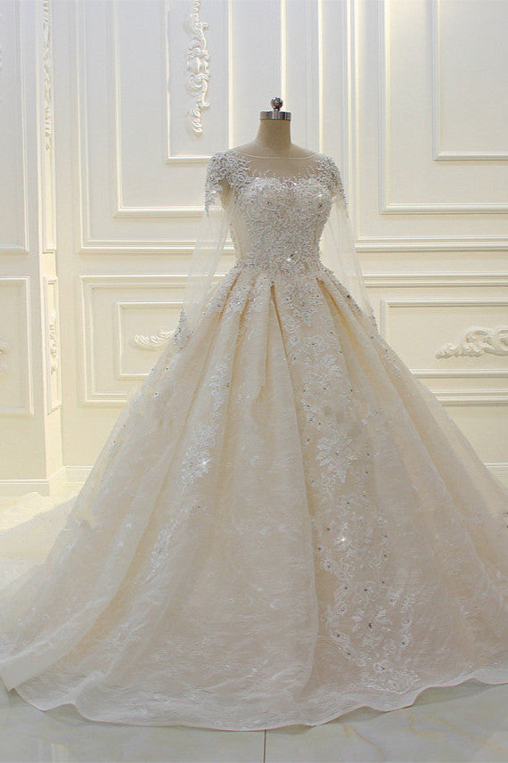 Luxurious Ball Gown Long Sleeves, Lace Appliques Beadings Dress