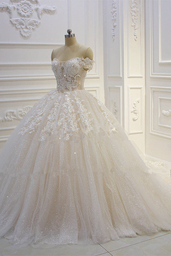 Off-Shoulder Tulle Lace Appliques, Sequined Wedding Gown