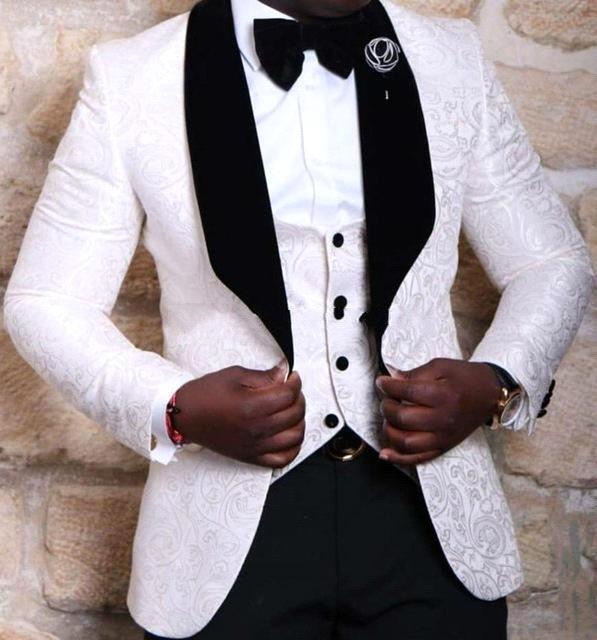 Bespoke White Wedding Tuxedo, Jacquard Three-piece Men's Suit