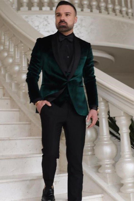 Dark Green Velvet Three-piece Suit, Fashion Shawl Lapel Groom