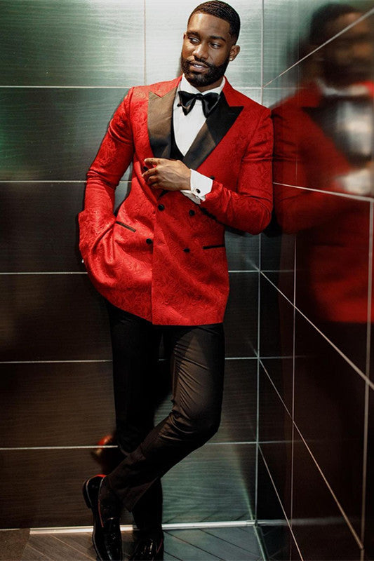 Hot Red Jacquard Double Breasted Wedding Suit for Men