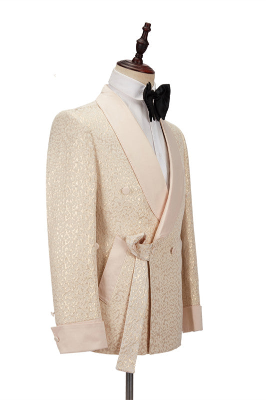 Champagne Shawl Lapel Slim Jacquard Men's Suit