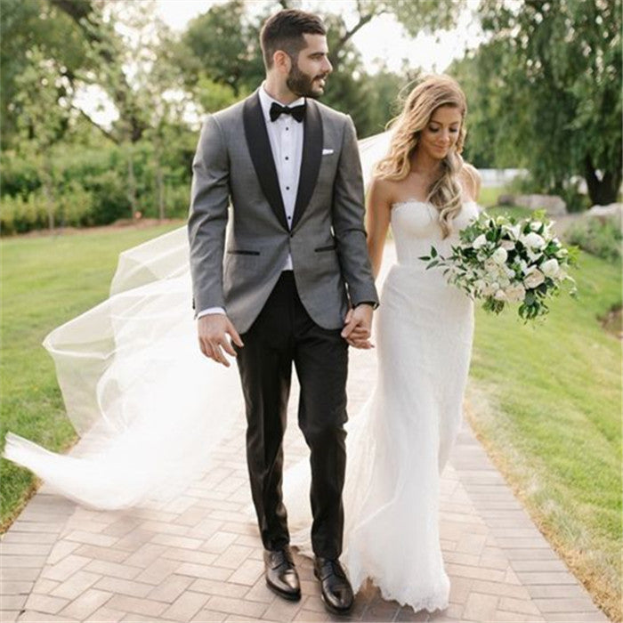 Fashion Gray Shawl Lapel Wedding Suit, One Button Design