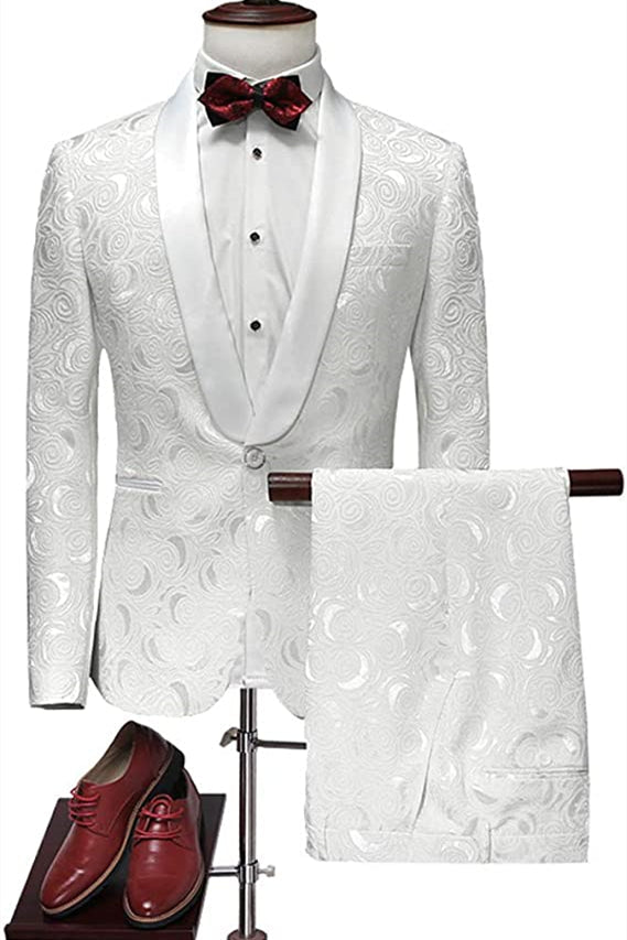 Pricey White Jacquard Wedding Suits, Shawl Lapel Groomsmen Outfit