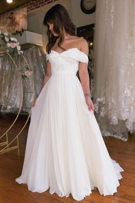 Amazing A-Line Off-Shoulder Short Sleeve Wedding Dress Ruffles