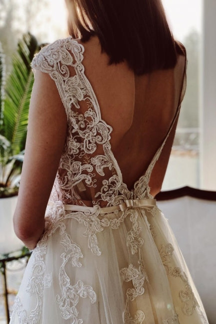 Exquisite Ivory A-Line Garden Floor-Length V-Neck Lace Wedding Gown