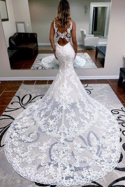 Elegant Spaghetti Straps Sleeveless Mermaid Lace Bridal Gown