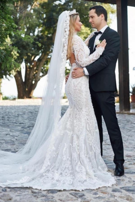 Regal V-Neck Long Sleeves Mermaid Lace Bridal Gown Stylish