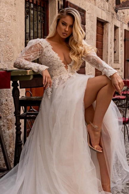 Elegant V-Neck Long Sleeves A-Line Lace Bridal Gown