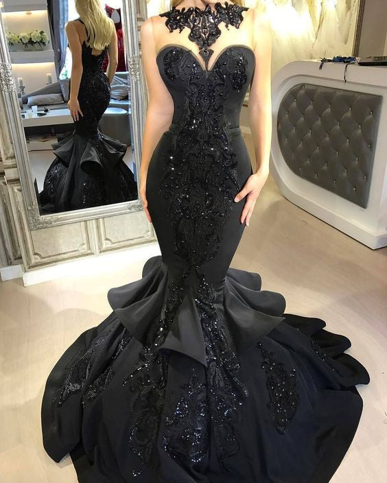 Chic Black Mermaid Sequins Ruffles Party Gown