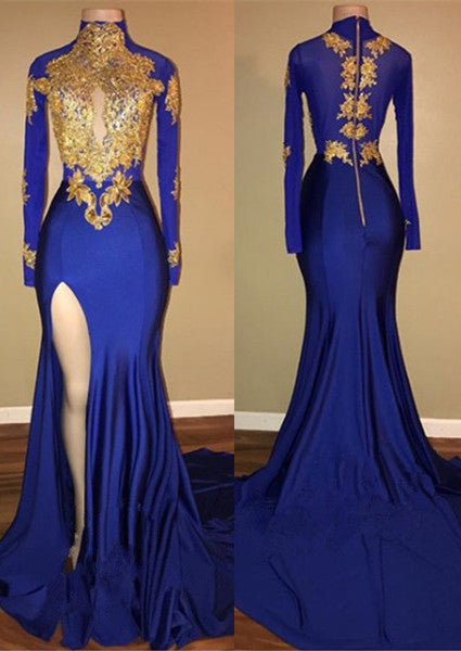 Elegant Royal Blue Mermaid Prom Gown with Long Sleeves & Appliques