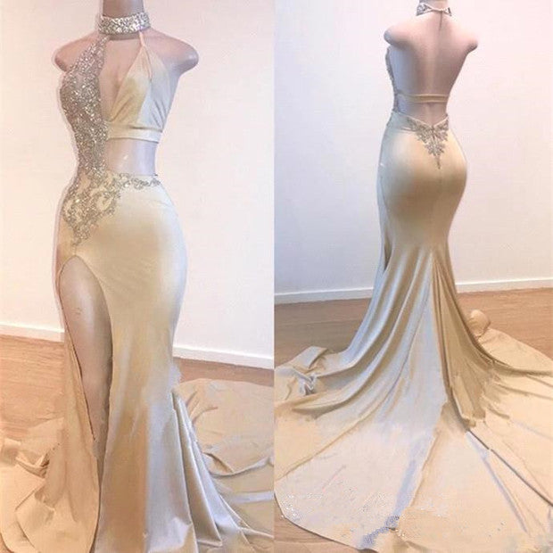 Crystal Halter Side Slit A-Line Prom Dress, Backless & Elegant