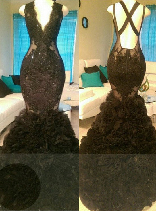 Black Mermaid V-Neck Tulle Appliques Prom Gown, Open-Back & Gorgeous