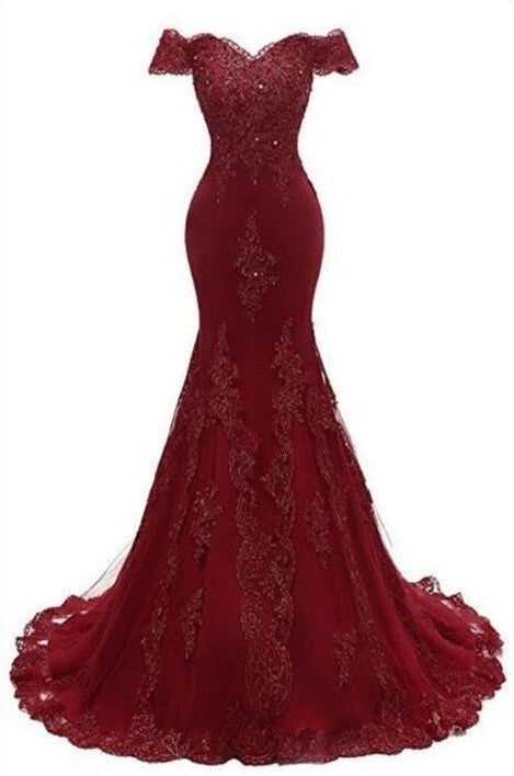 Gorgeous Burgundy Prom Gown, Mermaid Lace Evening Dress