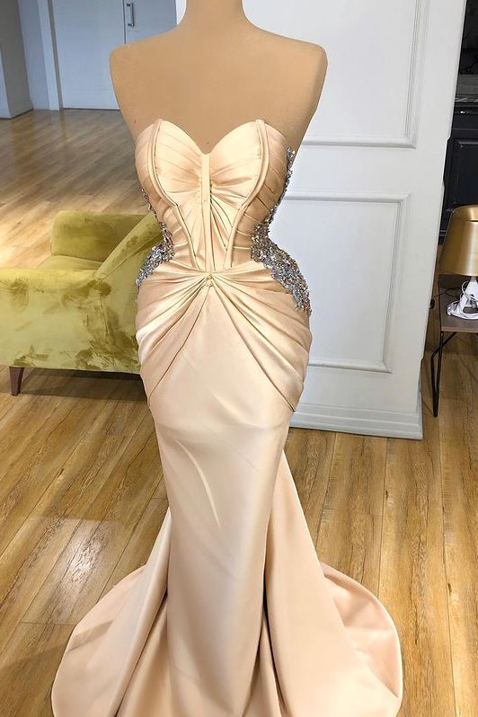 Elegant Sweetheart Champagne Prom Dress, Mermaid Long with Crystals