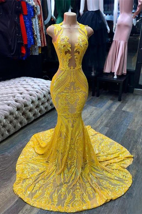 Mermaid Halter Floor-length Sleeveless Open Back Sequined Applique Lace Dress for Prom