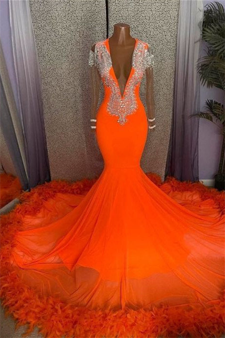 Mermaid V-neck Beaded Sequined Dress, Floor-length Long Sleeves with Feather