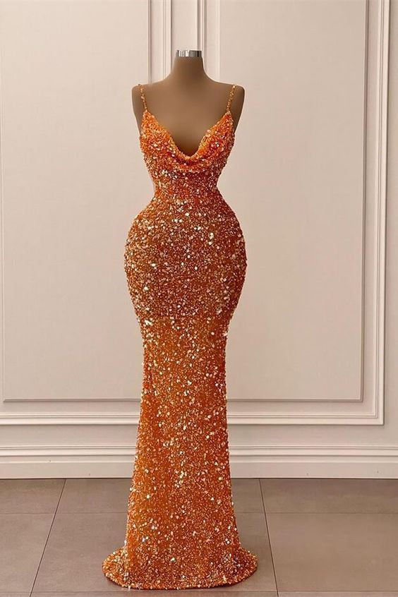 Mermaid Spaghetti Strap Sequined Dress, Floor-length Sleeveless Elegant Prom