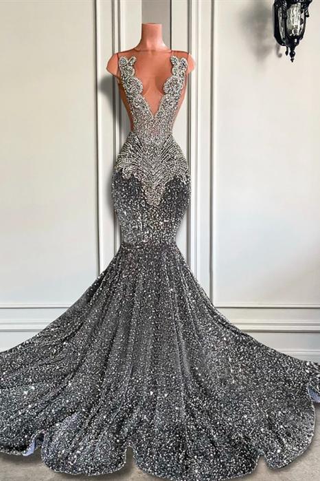 Mermaid Jewel Sequined Dress, Floor-length Sleeveless Appliques Lace Design